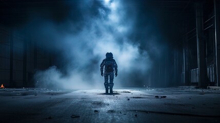 Futuristic neon background. Astronaut dark street, smoke, smog. Generation AI