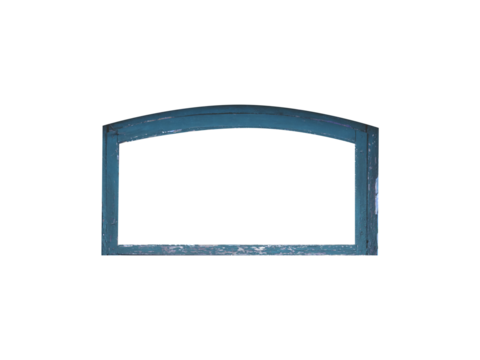 Old dark blue arched wooden window frame is isolated on transparent background.	