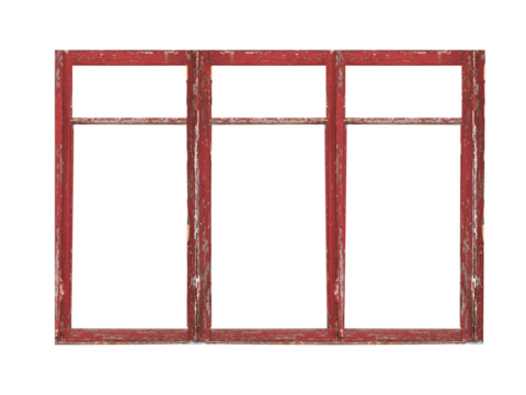 Old big red wooden window frame with six sashes isolated on transparent background.	 - Powered by Adobe