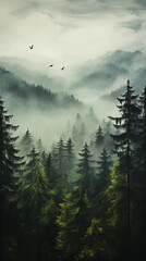 Foggy mountain landscape image with flying birds vertical alignment 