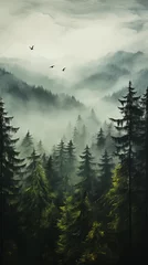 Poster Foggy mountain landscape image with flying birds vertical alignment  © Sudarshana