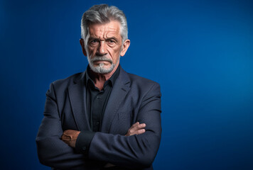 Fototapeta premium Older, Elegant Man in a Business Suit Poses Gracefully Against a Serene Blue Background, Symbolizing Timeless Sophistication and Authority, AI generated