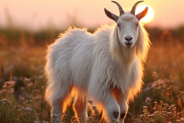 Golden Hour Serenade. Majestic Goat Grazing on a Serene Meadow at Summer Sunset