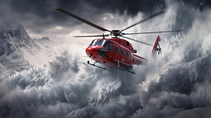 A red rescue helicopter flies against the backdrop of a huge snow avalanche. ai generative - obrazy, fototapety, plakaty