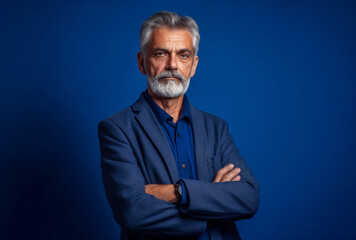 Older, Elegant Man in a Business Suit Poses Gracefully Against a Serene Blue Background, Symbolizing Timeless Sophistication and Authority, AI generated