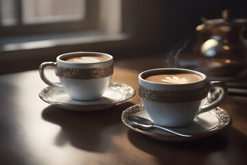 Two very beautiful vintage cups of art latte or art cappuccino coffee stand on wooden table opposite the window. The atmosphere in  warm light.The concept of relaxation and healthy lifestyle.
