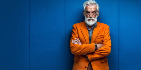 Fototapeta na wymiar Dapper Grandfather Showcases Timeless Elegance in Trendy Attire, A Best Age Model Embracing Fashion Photography with Blue and Orange Tones, AI generated