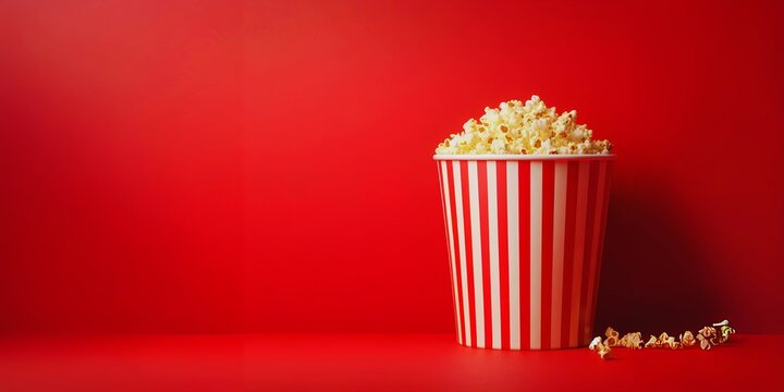Netflix and Chill Popcorn Bucket on Red Background cinema movies concept Weekend vibes, Friday Night, Banner Template with Blank Empty copy space for text motion picture 