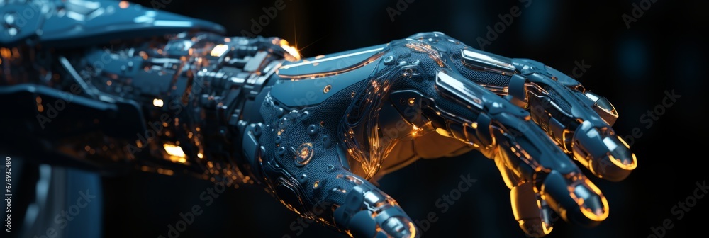 Poster futuristic ai. robotic hand and human-like robot for technology development and science connection