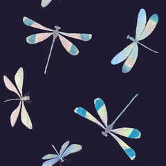 abstract background of dragonflies drawn in watercolor isolated on blue background