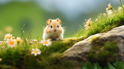 Lemming on a mossy rock with flowers in the background. Wildlife scene from nature. Animal in the nature habitat.