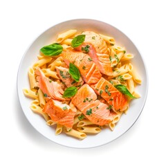 Top view on plate of pasta with salmon on white background.