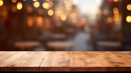 Wooden table in a restaurant opposite the window, bokeh city behind the glass, night view. Generation AI - obrazy, fototapety, plakaty