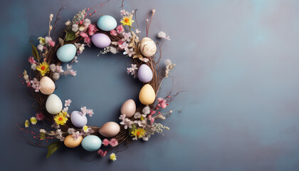 wreath shaped with colorful pastel eggs and flowers branches  ,top view , with copy space background 