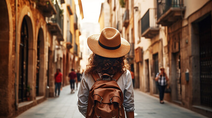 Girl traveler on the street of the old city. Young backpacker on a solo trip. Vacation, trip. ai generative - obrazy, fototapety, plakaty