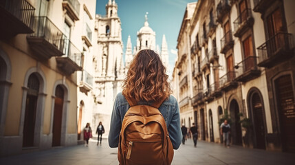 Girl traveler on the street of the old city. Young backpacker on a solo trip. Vacation, trip. ai generative