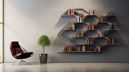 modern minimalistic metal and wood bookshelf on a concrete wall