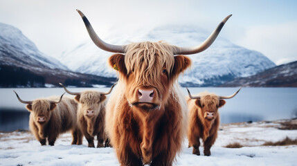 Scottish highlanders in a winter landscape. ai generative