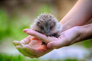 Small beautiful European hedgehog (Erinaceus europaeus)  in palm of the hand. .Wild animal in the home garden. © yura2087