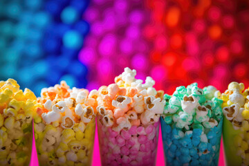 Transparent cups filled with assorted colorful popcorn yellow, orange, pink, blue, green against neon background. National Popcorn Day.
