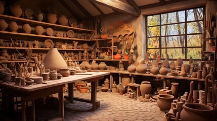 Pottery workshop, the process of modeling clay. Generation AI - obrazy, fototapety, plakaty