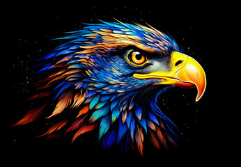Colorful eagle head on black background. 
