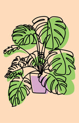 Vector of a beautiful drawing of a pot with leaves on a coral background