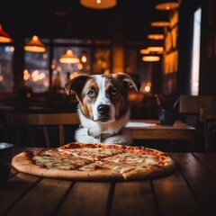 dog with pizza on the table in the restaurant. 