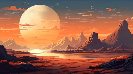 Deurstickers Fantasy landscape big moon. Generation AI © Terablete