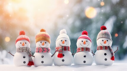 Cinq bonhommes de neige rigolos avec bonnets et écharpes dans la neige sur fond de chute de neige. Fond de scène pour le Nouvel An et Noël - obrazy, fototapety, plakaty