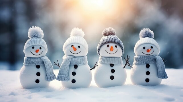 Quatre bonhommes de neige rigolos avec bonnets et &eacute;charpes dans la neige sur fond de chute de neige. Fond de sc&egrave;ne pour le Nouvel An et No&euml;l
