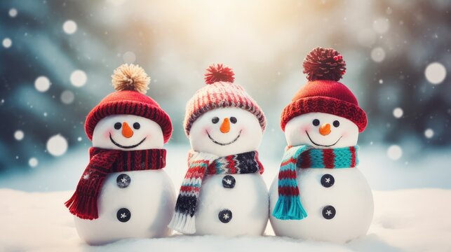 Trois bonhommes de neige rigolos avec bonnets et &eacute;charpes dans la neige sur fond de chute de neige. Fond de sc&egrave;ne pour le Nouvel An et No&euml;l