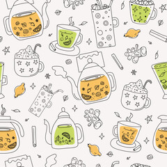 Pattern hot healthy tea drinks. Options Mug and teapot. Drawings, doodles. Tea in a cup, teapots, kettle, sweets, dessert. Vector illustration, icon set.