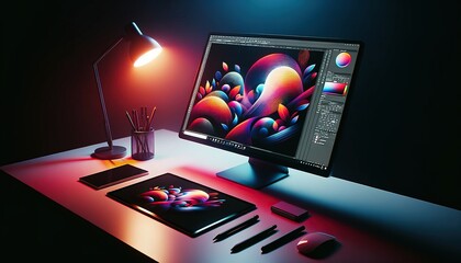 Graphic Designer Workspace with Digital Art Project - obrazy, fototapety, plakaty