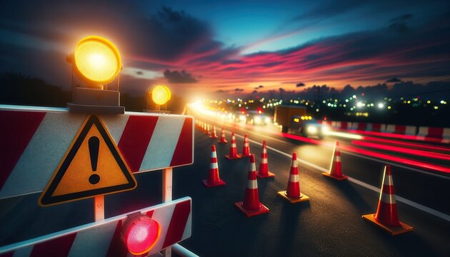 Roadworks at Night with Warning Lights and Cones