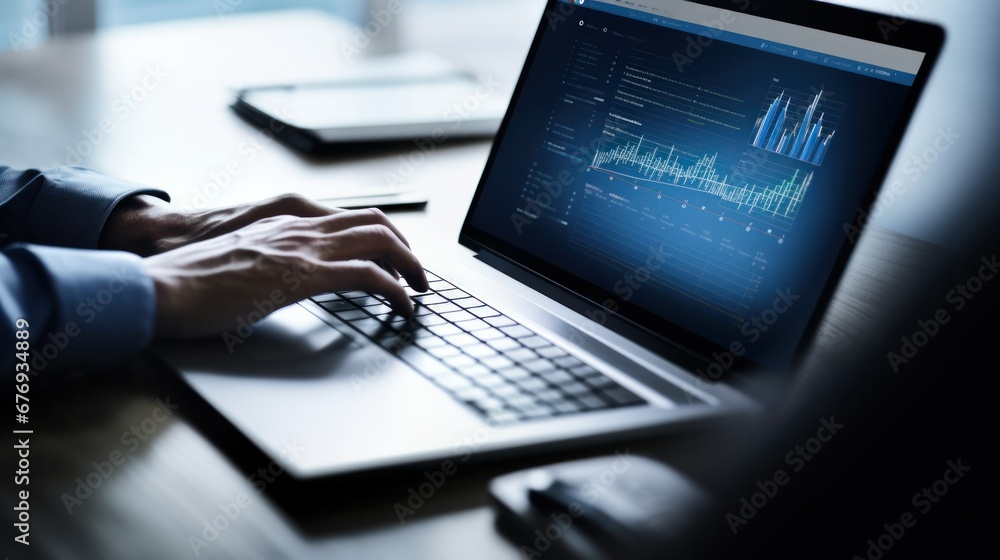 Poster a person typing on a laptop computer displaying graphs.