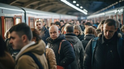 People waiting for a train at a subway station. - obrazy, fototapety, plakaty