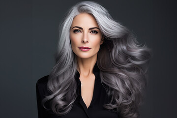 Fototapeta premium Portrait of a beautiful middle-aged white woman with long, wavy, gray, toned hair, well-groomed skin, makeup, light big eyes, and pink lips, standing in a black blouse on a dark gray background.