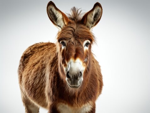 A close up of a donkey on a white background. Realistic clipart on white background