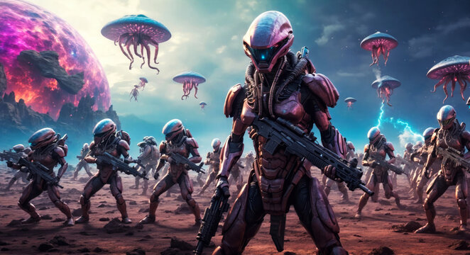 An alien army with their weapons before battle.