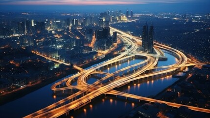 Fototapeta na wymiar Aerial view of a city at night, illuminated by traffic lights.