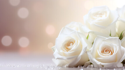 Three delicate white roses on a blurred background with bokeh
