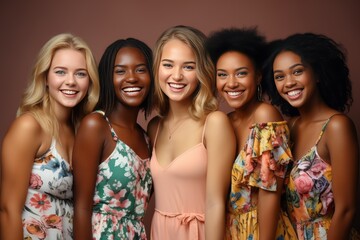 Smiling Multicultural Women in Modern Dresses, Diverse Friends Fashion Portraits â€“ Stock Photo