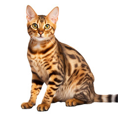 Obraz premium A sleek Bengal cat, with distinctive spotted coat, stands in full profile against a transparent backdrop.