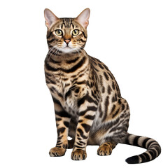 Fototapeta premium A full-bodied Bengal cat stands poised on a transparent background, its distinctive coat patterns and muscular frame highlighted.