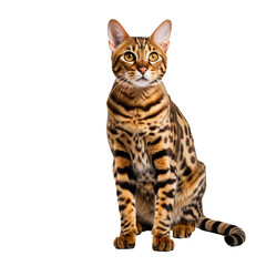Full-bodied Bengal cat with its distinctive spotted coat and sleek physique, gracefully poised, isolated on a transparent backdrop.