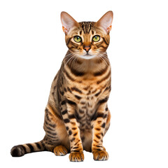 A lithe Bengal cat shown in its entirety stands against a clear background, its marbled coat and piercing eyes on full display.