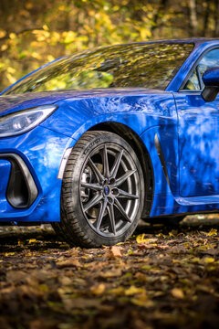 Blue sports car Subaru BRZ. Sports fast car. Front wheel detail.