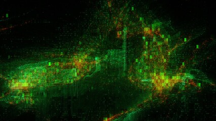 Abstract green orange error code glitch background. Technology and communications HUD copy space backdrop. 3D illustration with information noise of cyberspace network security software hack.