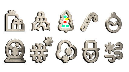 Christmas 3d icons ornament set with metallic texture